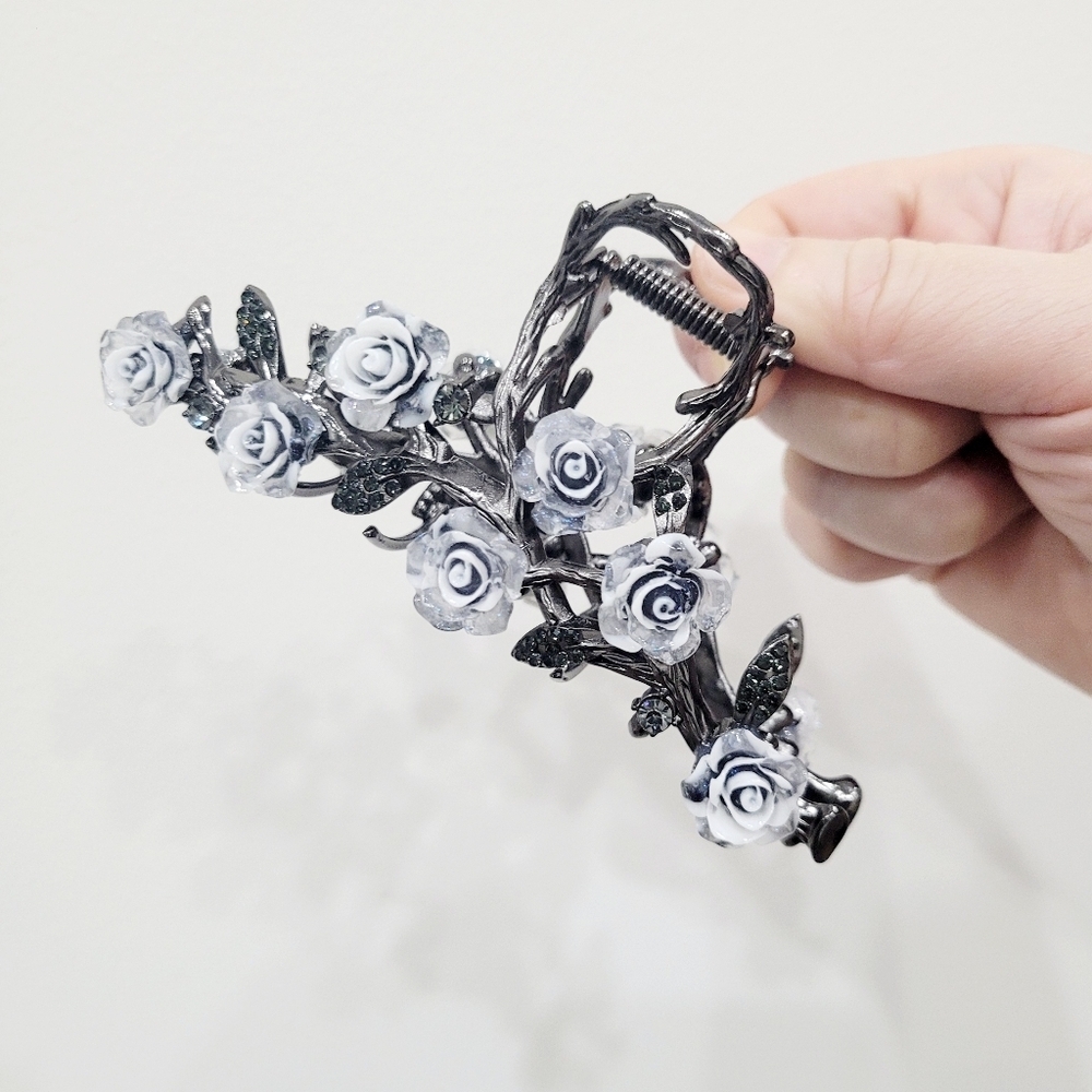 Brand New Titanium Black White & Blue Rose Hair Claw Clip